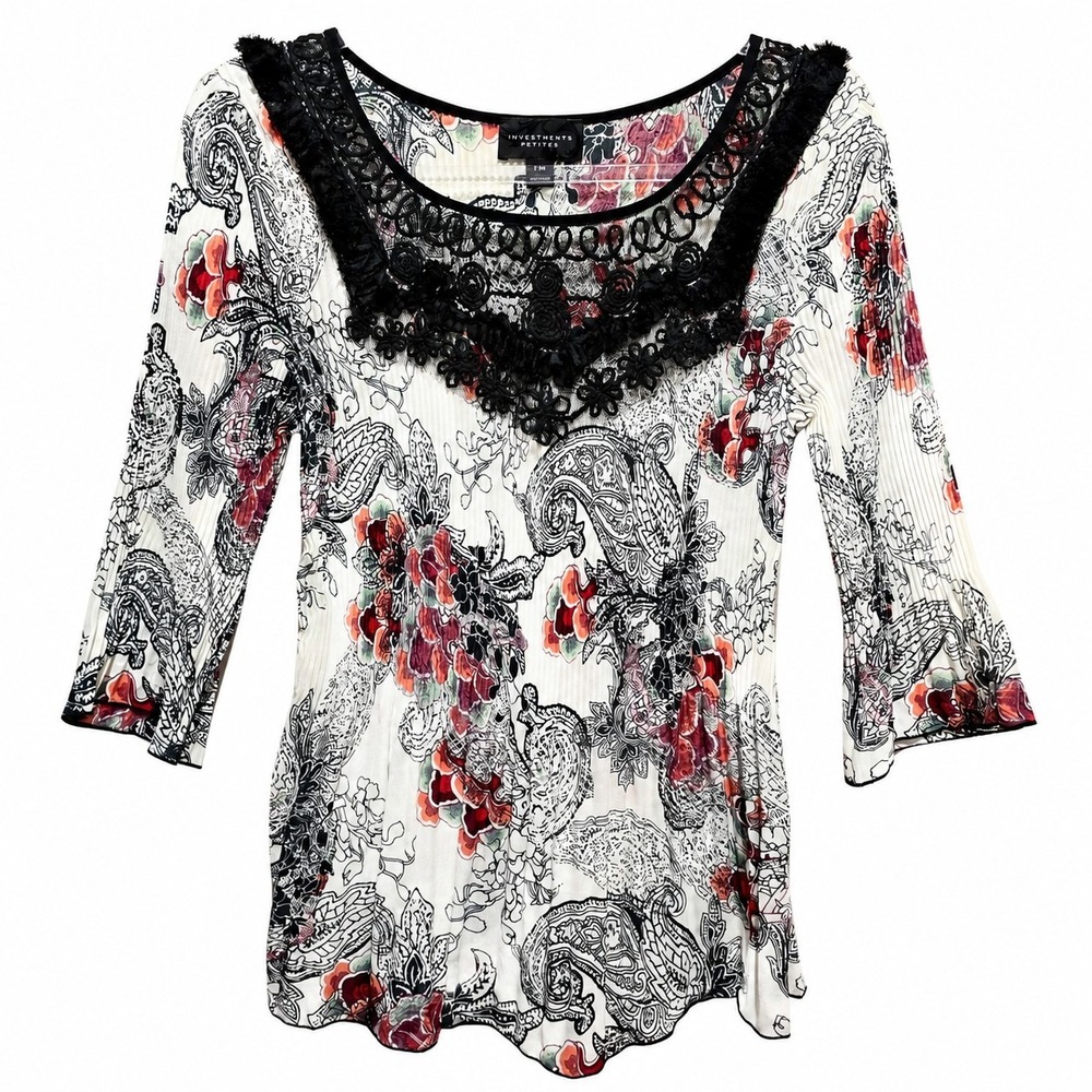 Y2K Cottagecore Inspired PM Floral Paisley Lace Trim Boho 3/4 Sleeve Top Blouse
